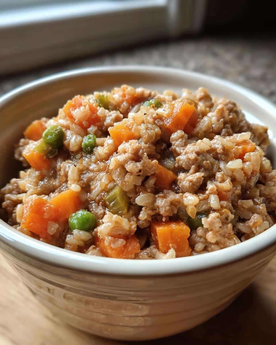 Close-up of homemade dog food for senior dogs in a bowl, featuring ground meat, rice, carrots, and peas.