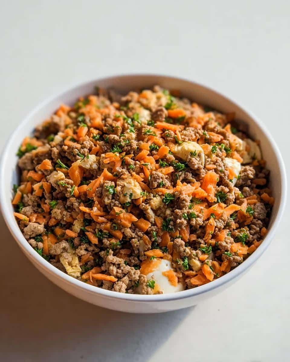 A white bowl filled with homemade dog food recipes crockpot mix featuring ground meat, shredded carrots, and egg pieces.