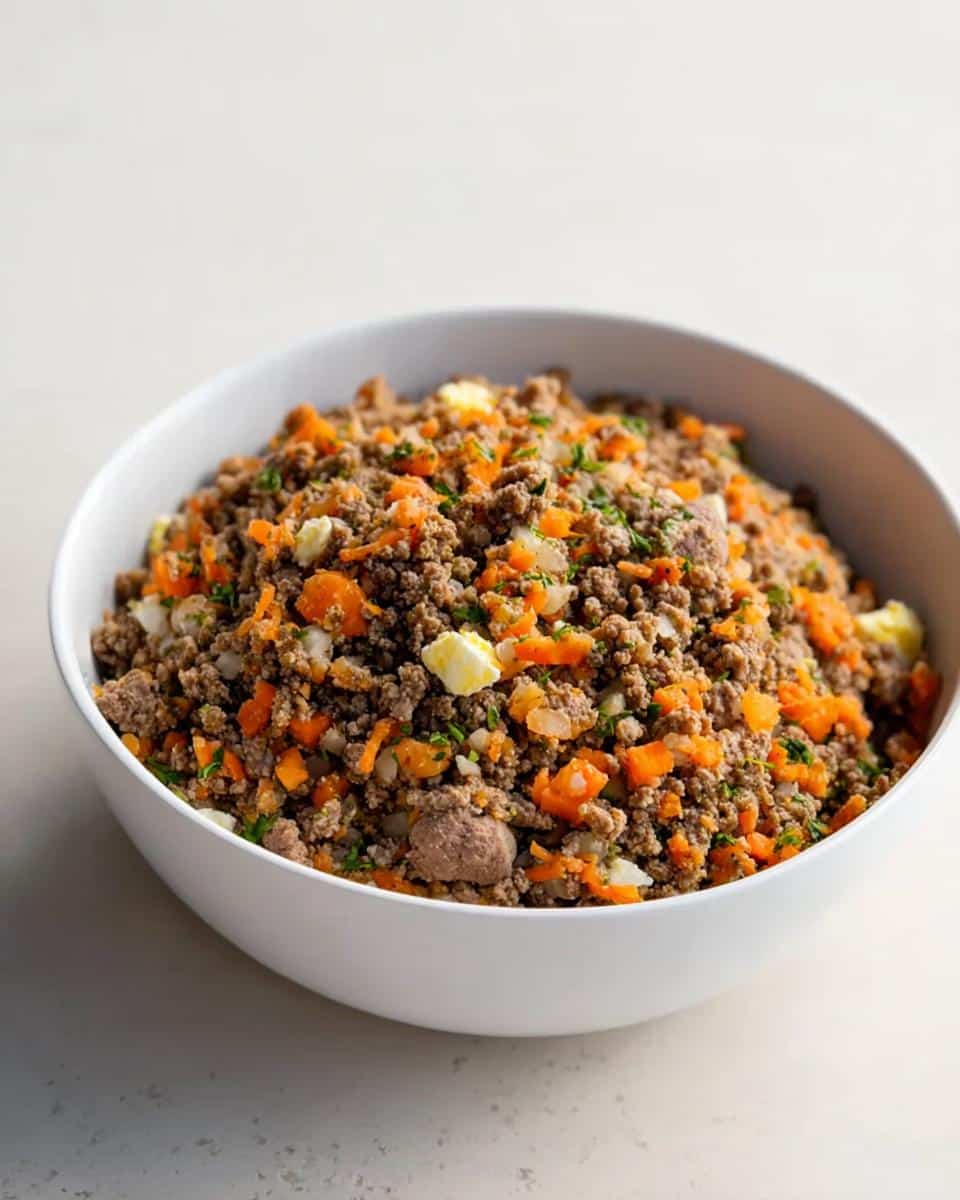 A white bowl filled with homemade dog food recipes crockpot mix featuring ground meat, diced carrots, and egg pieces.