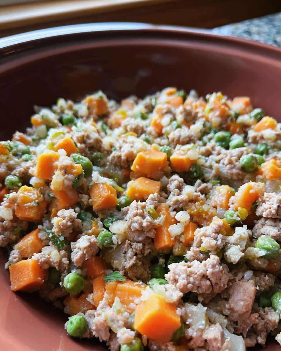 Close-up of Crockpot Homemade Dog Food Recipes: Turkey & Veggie Mix with ground turkey, diced carrots, and green peas in a brown bowl.