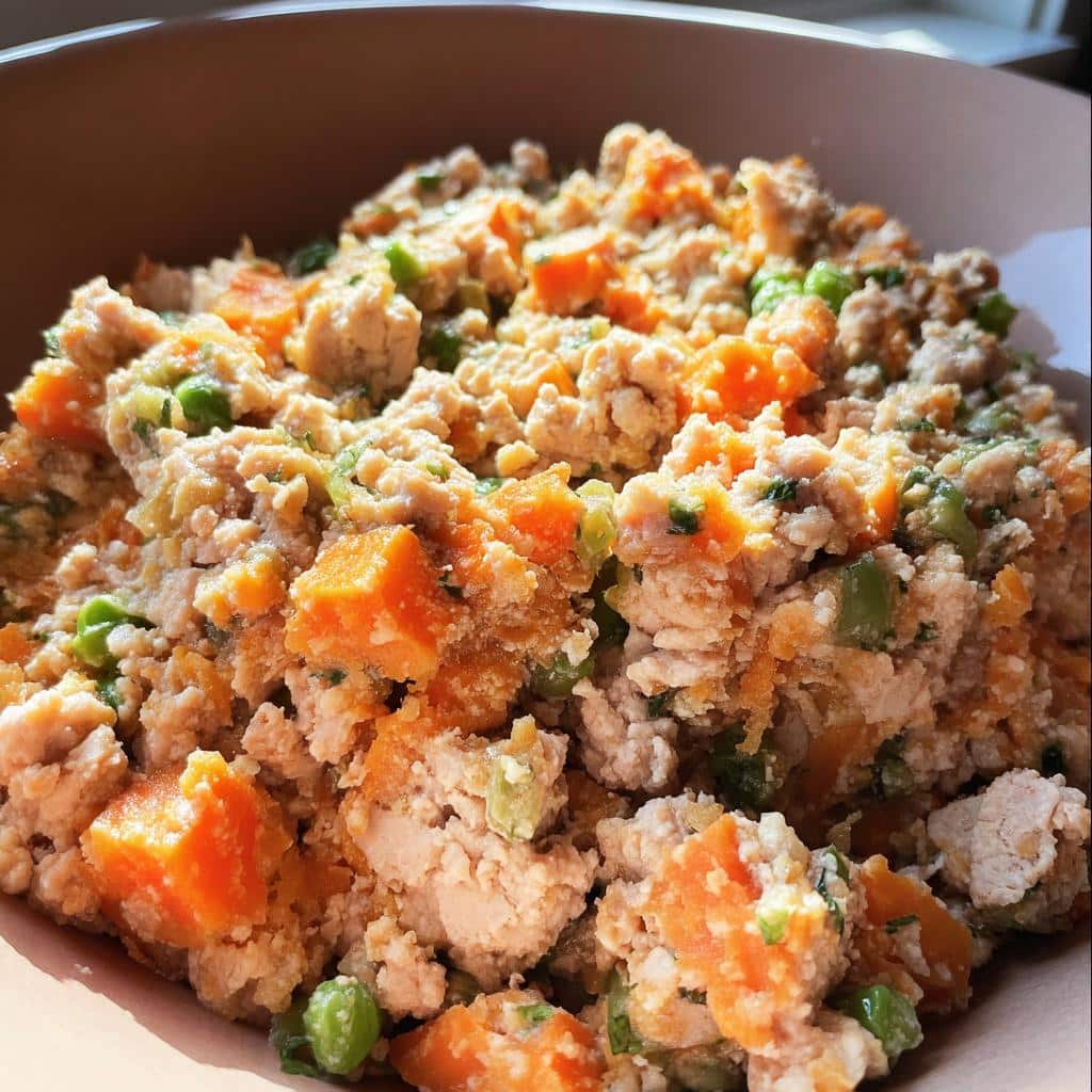 Close-up of a bowl filled with Crockpot Homemade Dog Food Recipes: Turkey & Veggie Mix, showing ground turkey, orange sweet potato chunks, and green peas.