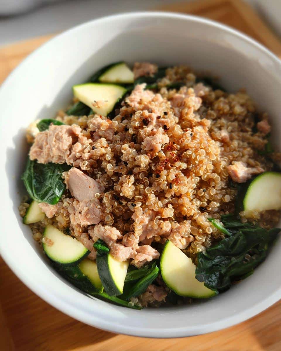 Bowl of DIY dog food for diabetic dogs featuring quinoa, shredded turkey, spinach, and zucchini slices.