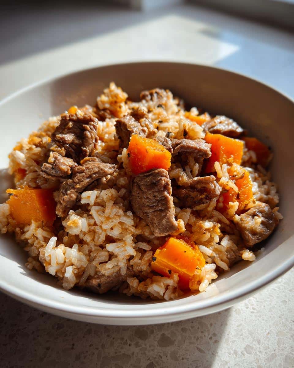 Close-up of homemade dog food mix featuring chunks of meat, rice, and bright orange pumpkin pieces.