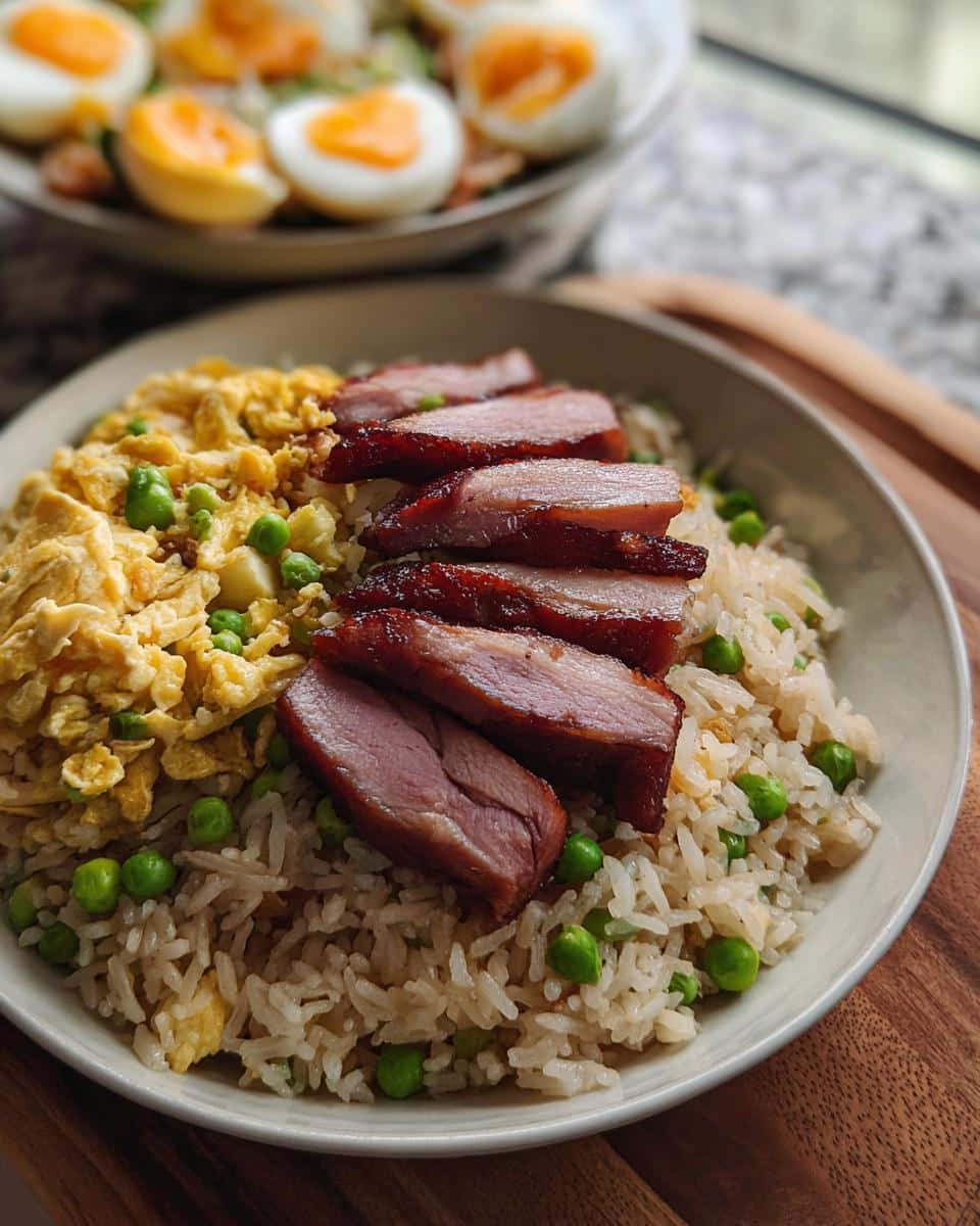 Close-up of a bowl of rice mixed with peas and scrambled egg, topped with slices of roasted duck meat, relevant to Duck & Rice Mini-Batch Dog Food.