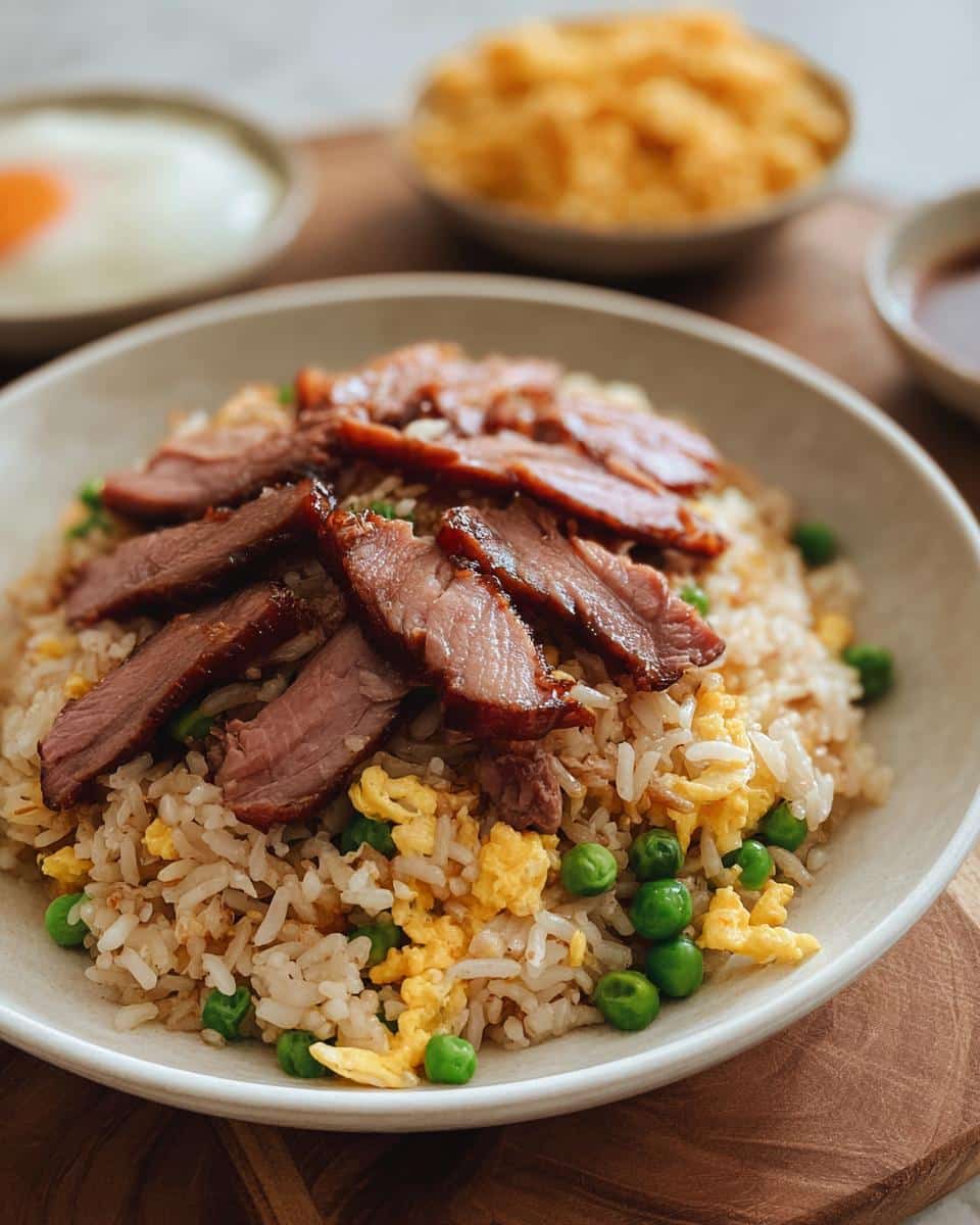 Close-up of seasoned duck slices over rice, peas, and scrambled egg, relevant to Duck & Rice Mini-Batch Dog Food.