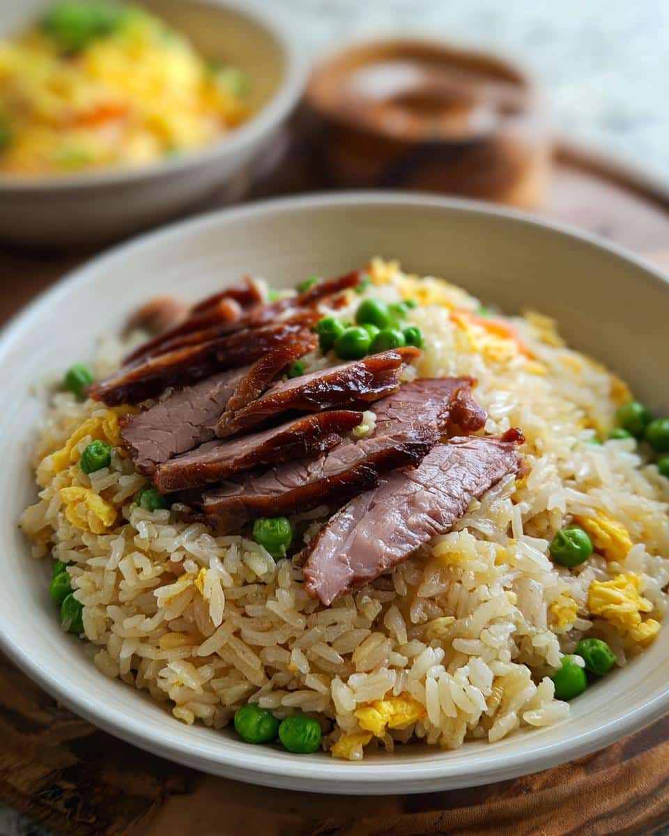 Close-up of rice, peas, scrambled egg, and sliced duck meat, representing ingredients for Duck & Rice Mini-Batch Dog Food.