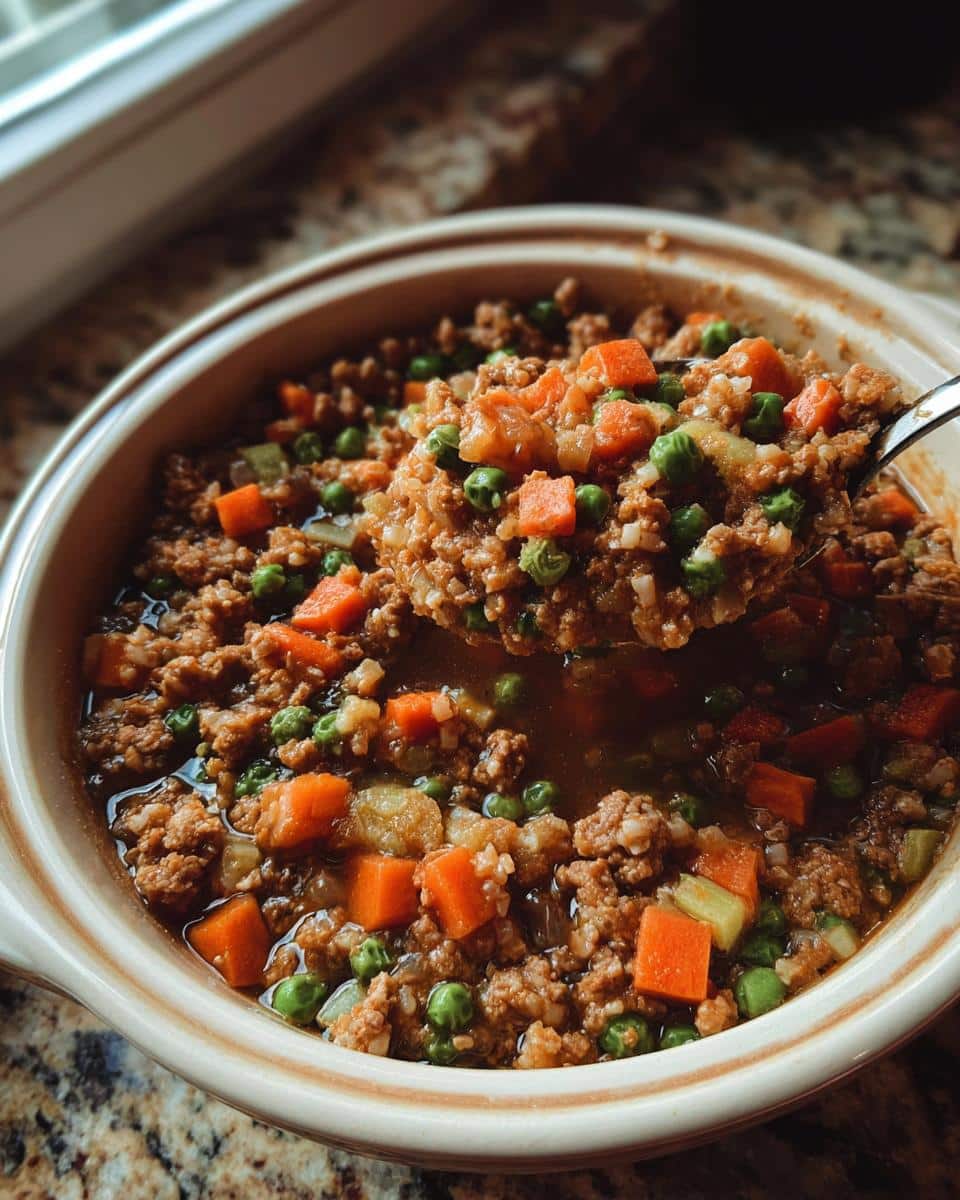 A spoonful of Easy Homemade Dog Food Recipes Crockpot mixture showing ground meat, bright orange carrots, and green peas.