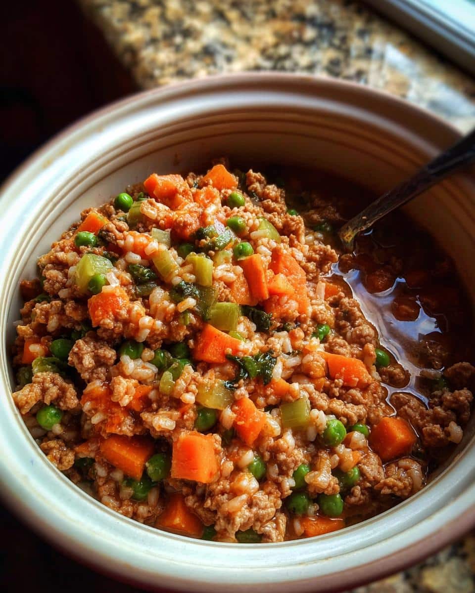 Close-up of Easy Homemade Dog Food Recipes Crockpot mix with ground meat, carrots, peas, celery, and rice in a bowl.