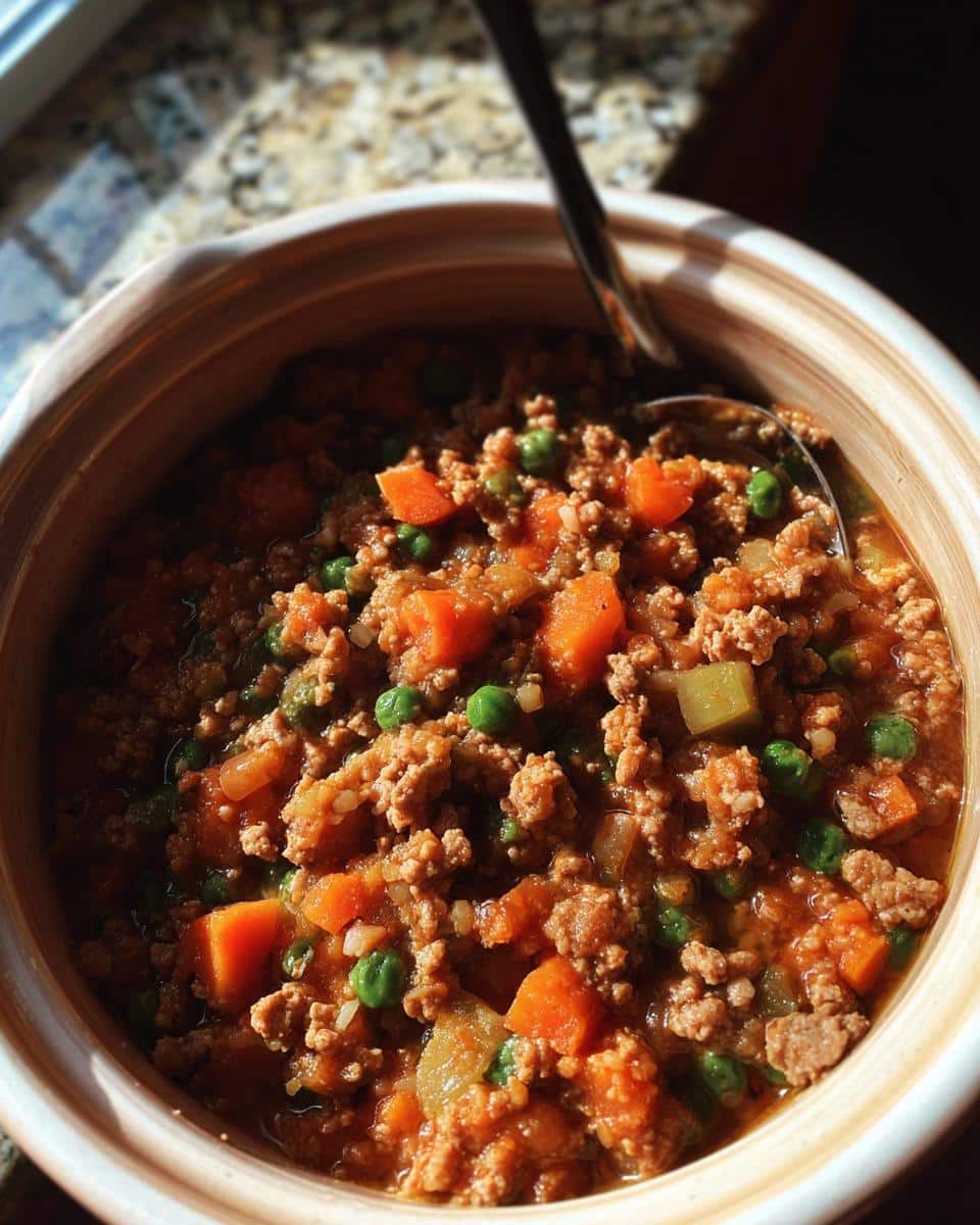 Close-up of Easy Homemade Dog Food Recipes Crockpot mixture with ground meat, diced carrots, and peas.