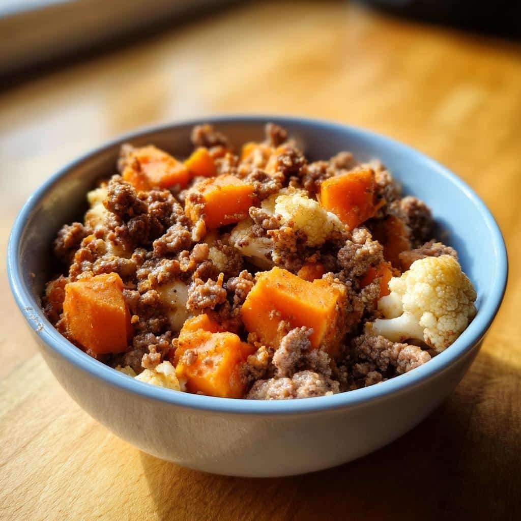 A blue bowl filled with Easy Homemade Puppy Food Recipe featuring ground meat, orange sweet potato cubes, and white cauliflower florets.