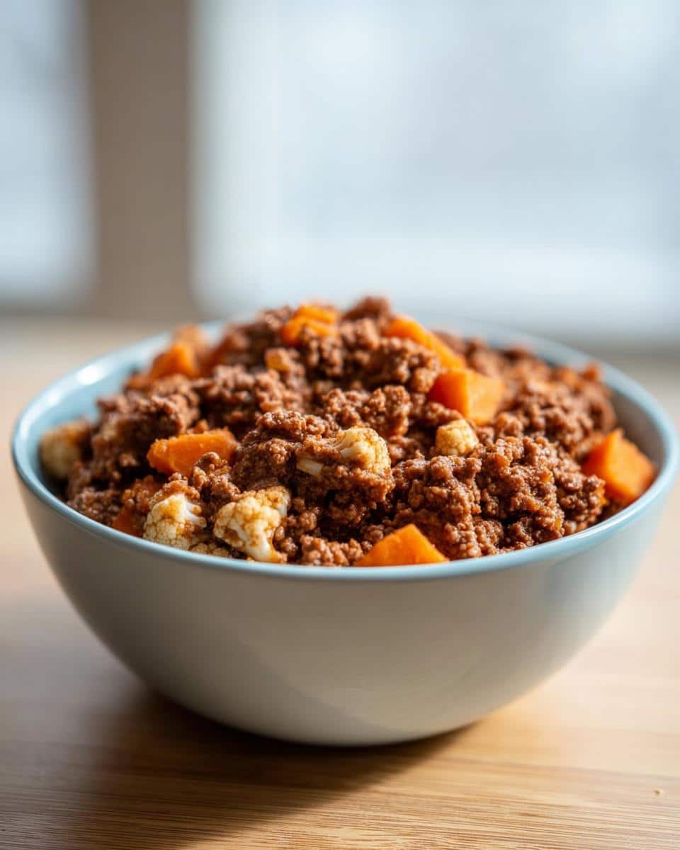 A light blue bowl filled with Easy Homemade Puppy Food Recipe, featuring ground meat, carrots, and cauliflower.