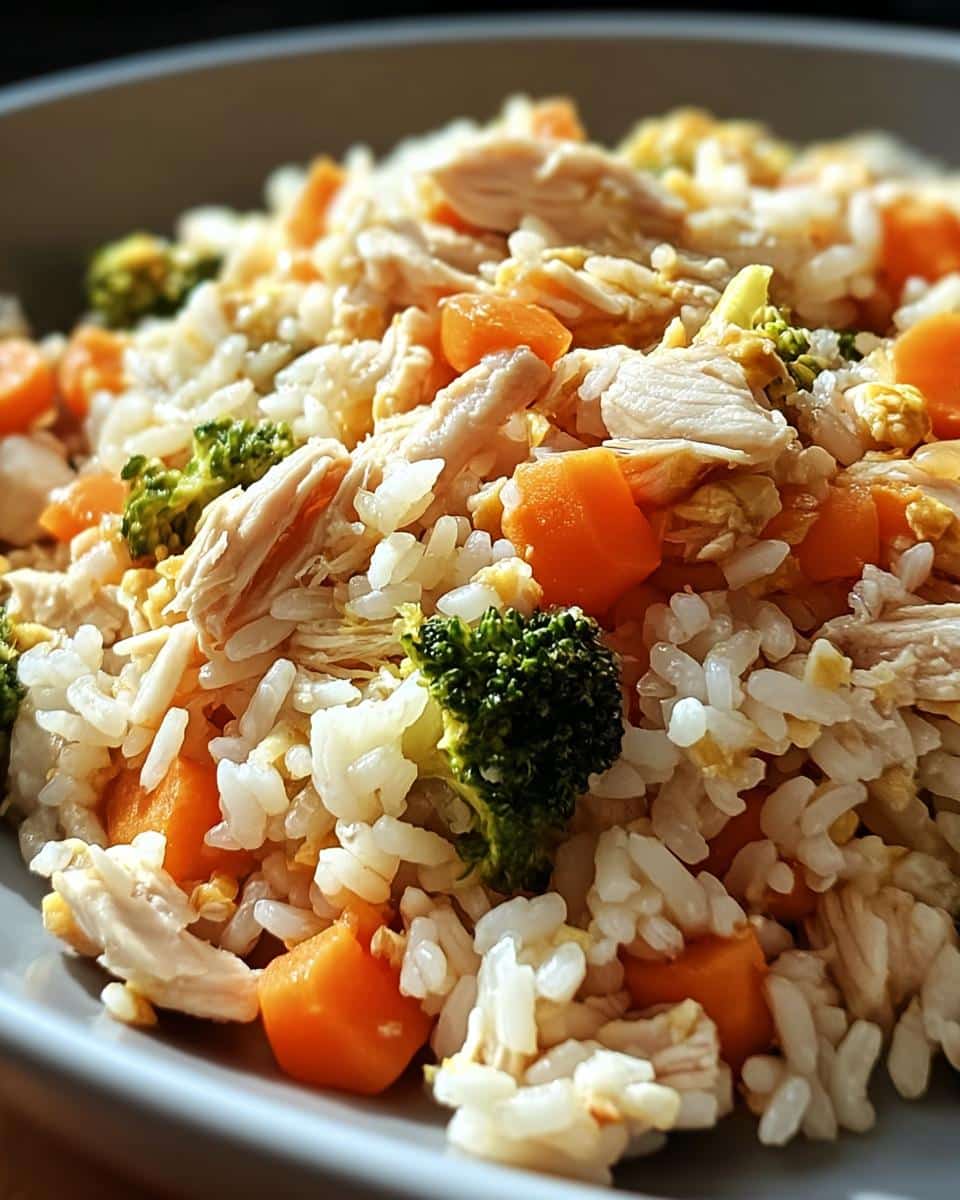 Close-up of cooked rice mixed with shredded chicken, diced carrots, broccoli, and scrambled egg for the Egg & Rice Puppy Dog Food recipe.