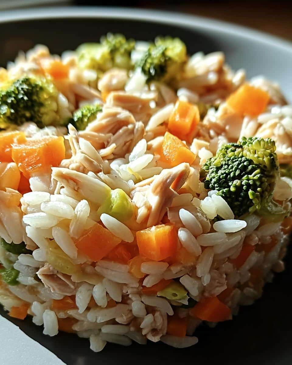 Close-up of a serving of the Egg & Rice Puppy Food recipe, showing rice, shredded chicken, diced carrots, and broccoli florets.
