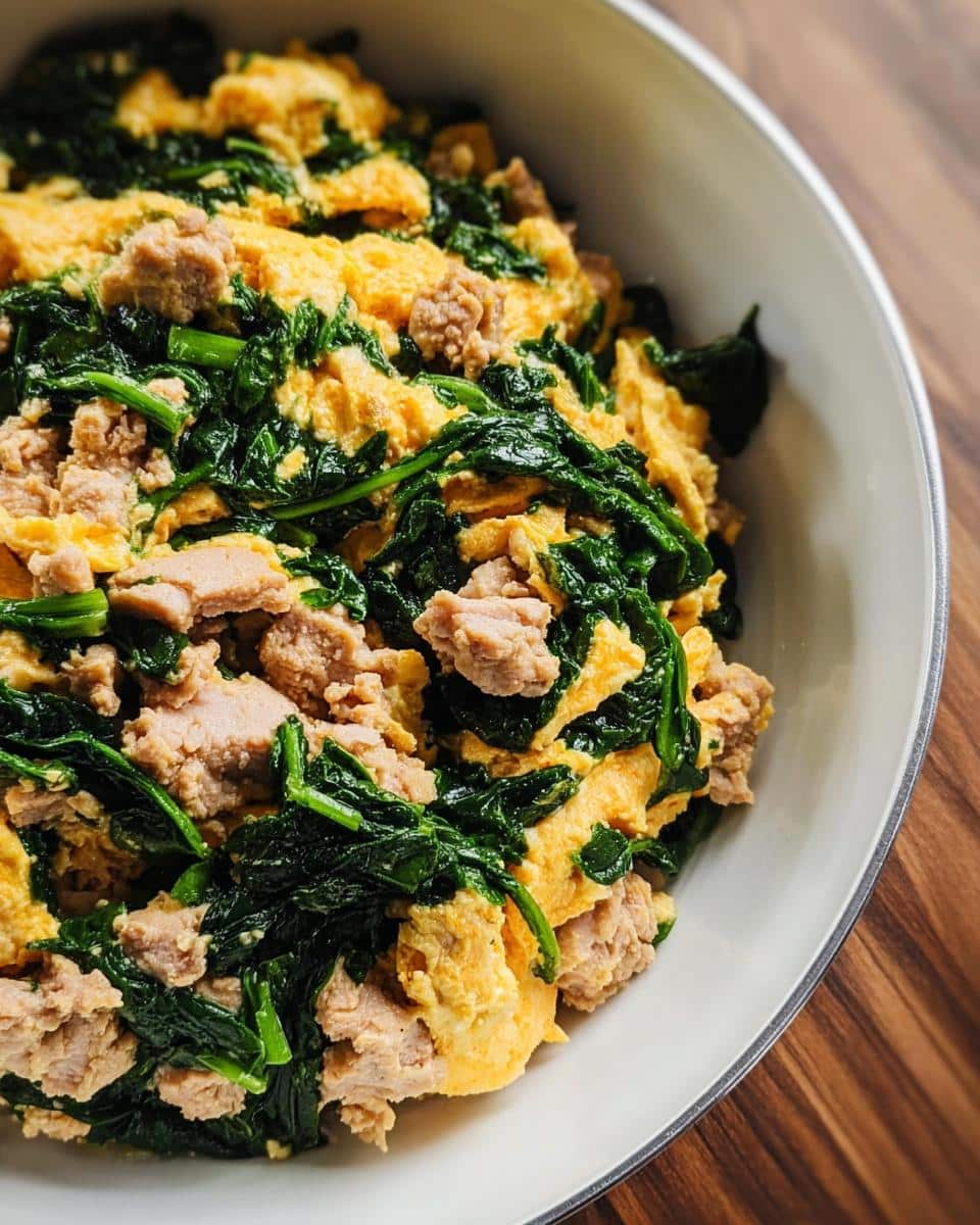 Close-up of Egg and Spinach Scramble Dog food mixture with scrambled eggs, dark green spinach, and ground meat.