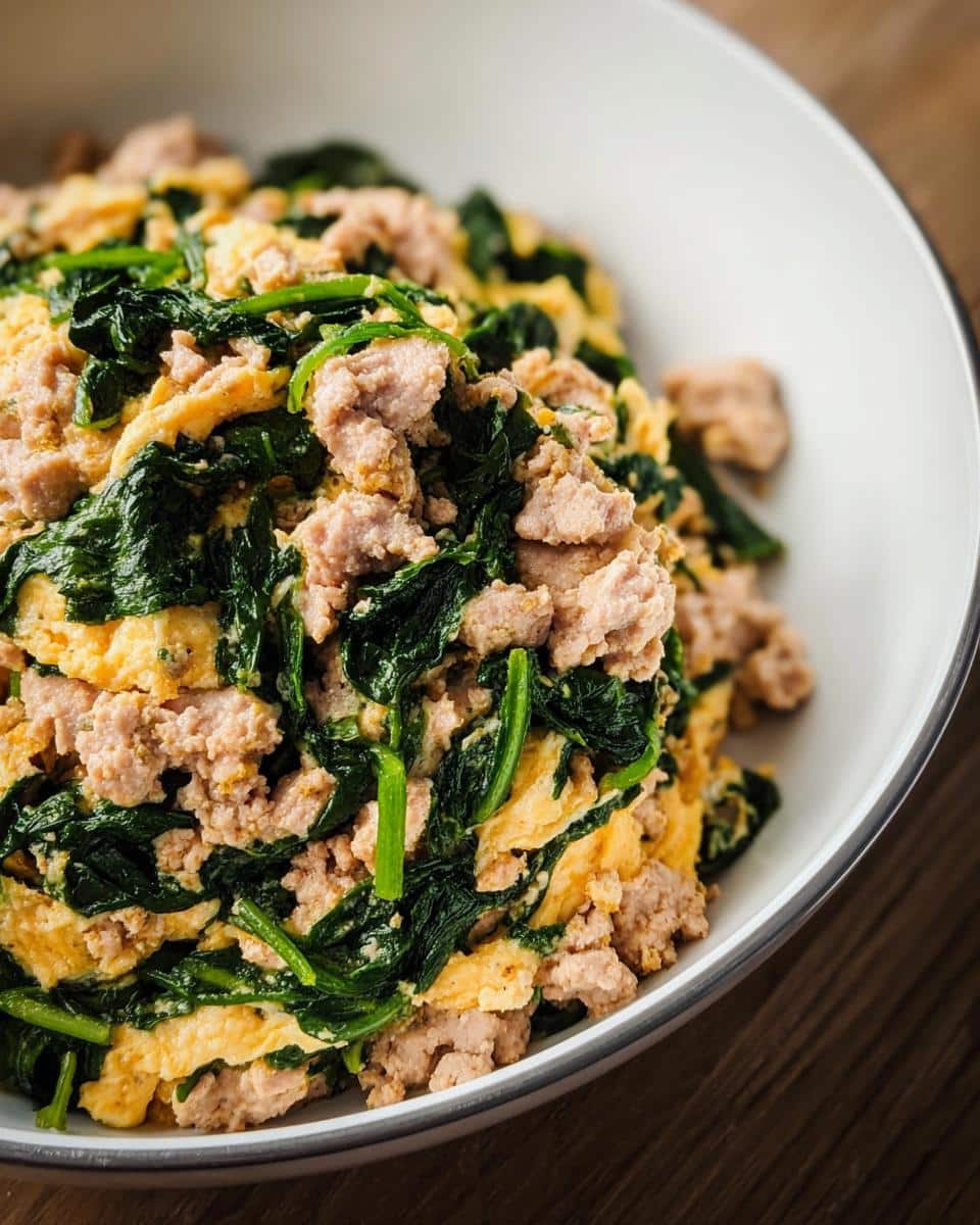 Close-up of Egg and Spinach Scramble Dog food mixture in a white bowl.