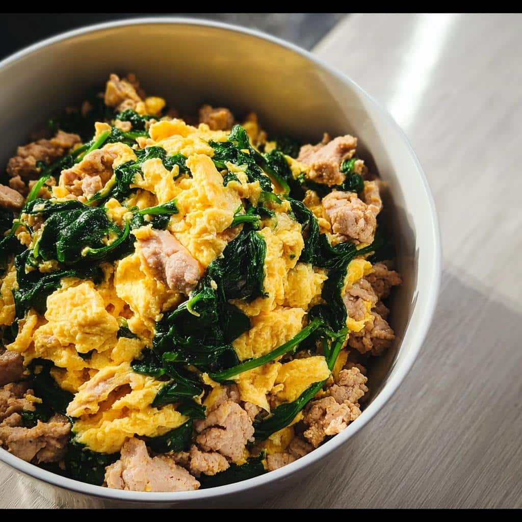 A white bowl filled with homemade Egg and Spinach Scramble Dog food mixture, featuring scrambled eggs, dark green spinach, and ground meat.