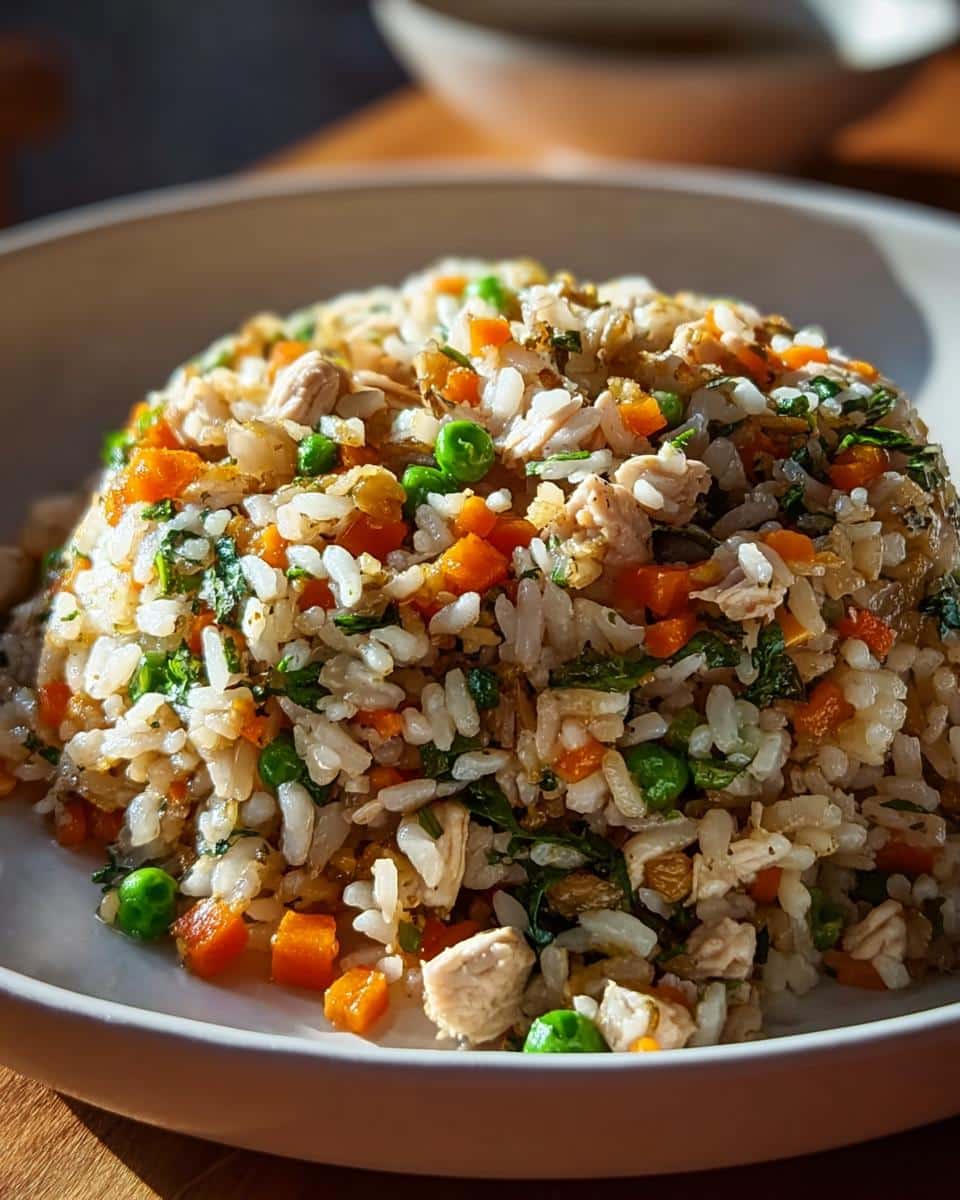 Close-up of a bowl filled with Farmer’s Chicken and Rice Dog Food Recipe, showing rice, diced chicken, carrots, and peas.