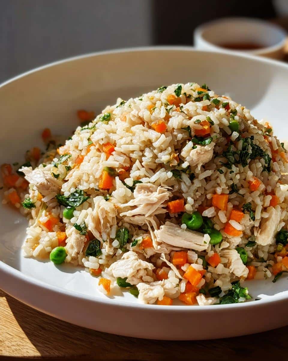 A mound of Farmer’s Chicken and Rice Dog Food Recipe featuring shredded chicken, rice, carrots, and peas in a white bowl.