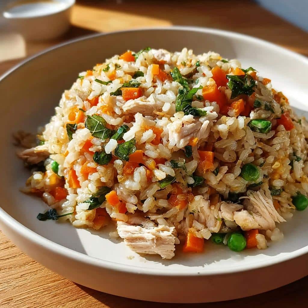 A bowl filled with Farmer’s Chicken and Rice Dog Food Recipe, showing shredded chicken, rice, carrots, and peas.