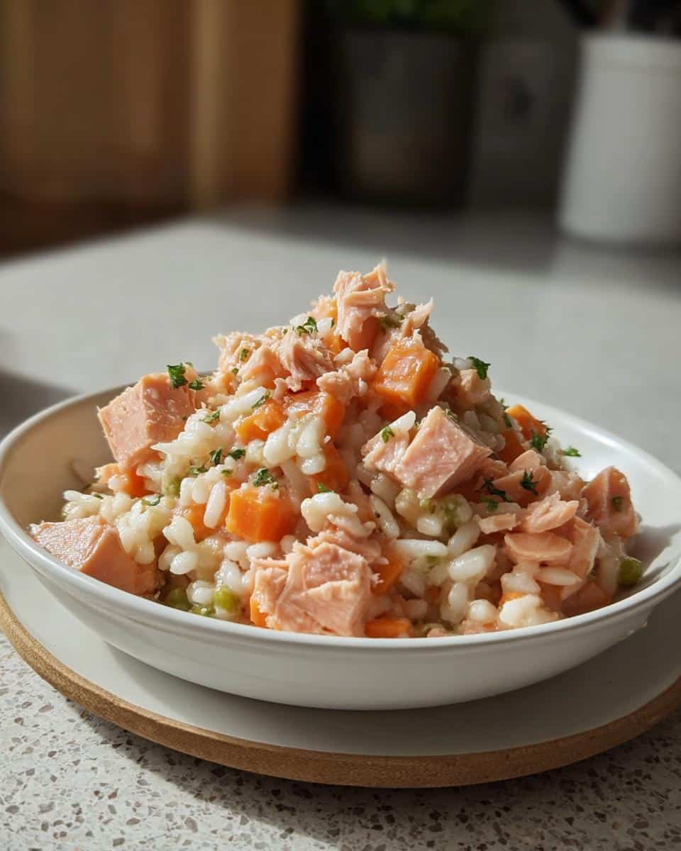 A white bowl filled with Farmer’s Salmon and Rice Dog Food Recipe, featuring chunks of salmon, carrots, and rice.