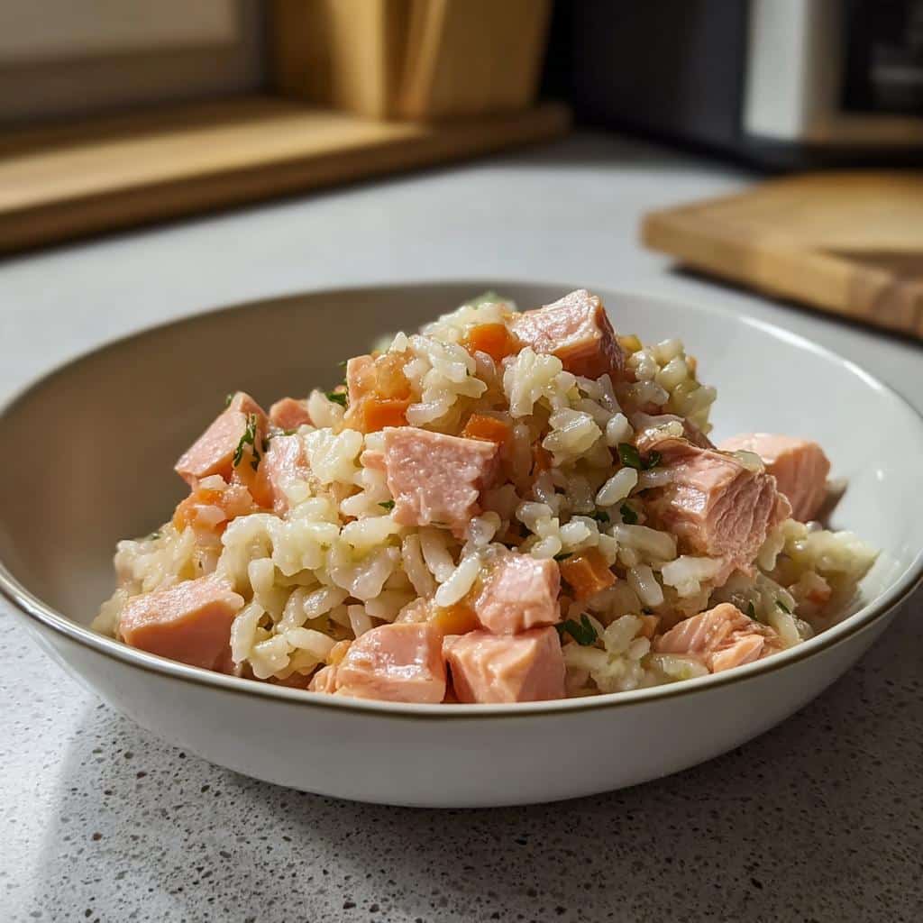 A bowl filled with the Farmer’s Salmon and Rice Dog Food Recipe, showing chunks of pink salmon mixed with white rice and diced carrots.