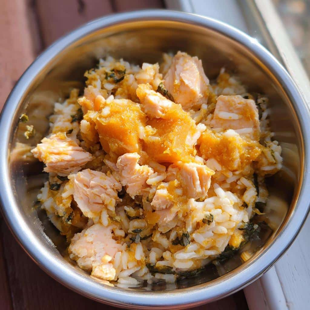 Close-up of the Fish and Pumpkin Feast Dog recipe mixture in a stainless steel bowl, showing chunks of salmon, rice, and orange pumpkin mash.
