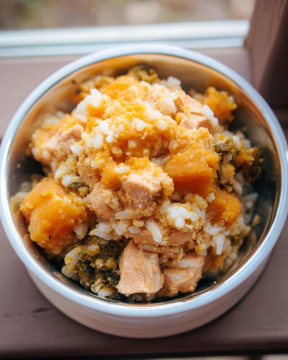 Close-up of the Fish and Pumpkin Feast Dog recipe mixture in a stainless steel bowl, showing chunks of fish, mashed pumpkin, and rice.