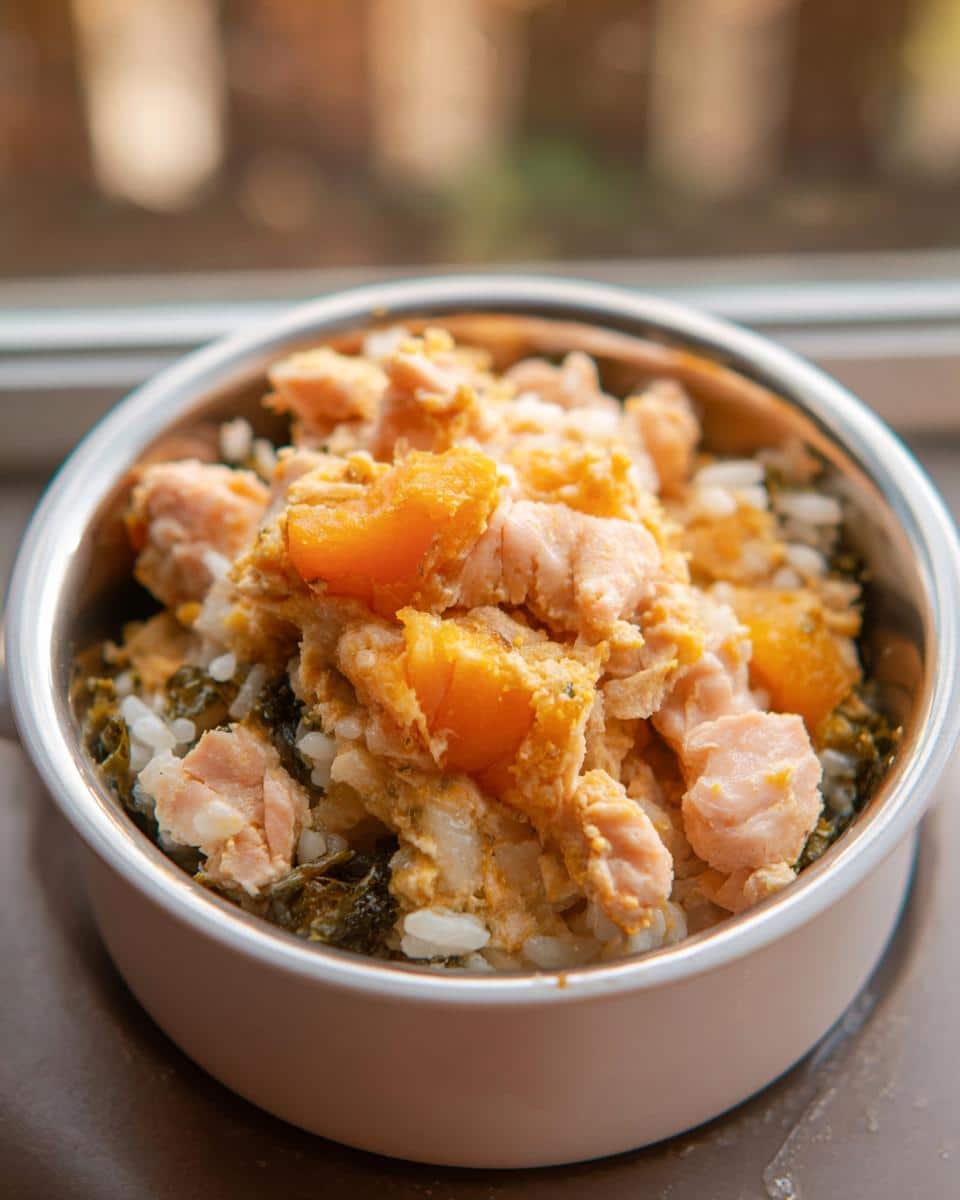 Close-up of a dog bowl filled with the Fish and Pumpkin Feast Dog recipe, showing salmon, pumpkin chunks, rice, and greens.