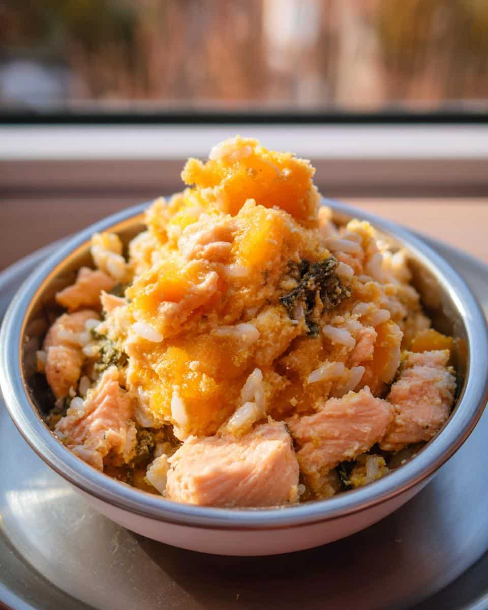 Close-up of a metal bowl filled with the Fish and Pumpkin Feast Dog recipe, showing chunks of salmon, mashed pumpkin, and rice.