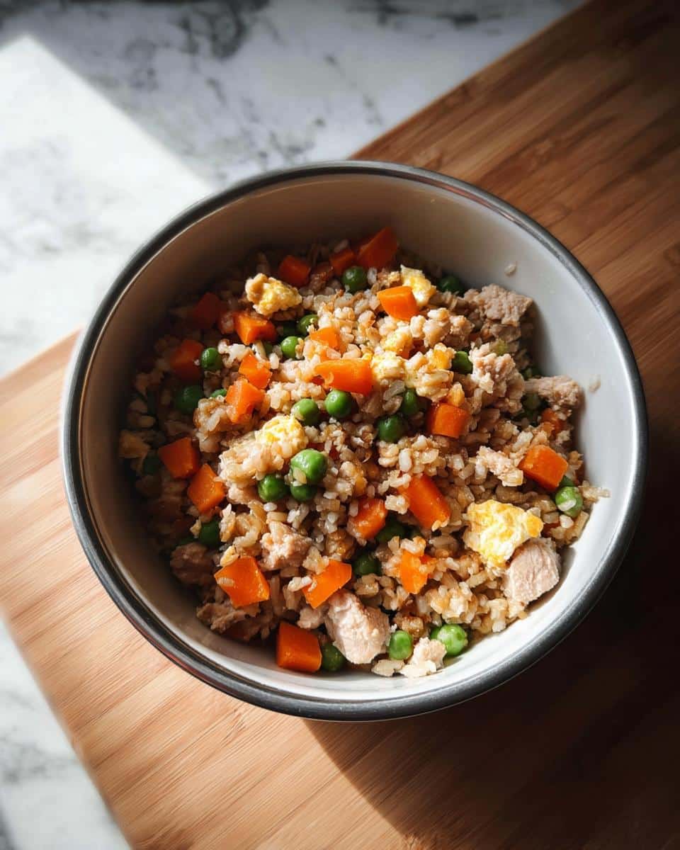 A bowl filled with homemade Fish and Vegetable Farmer’s Dog Food Recipe, featuring rice, carrots, peas, and chunks of fish/meat.