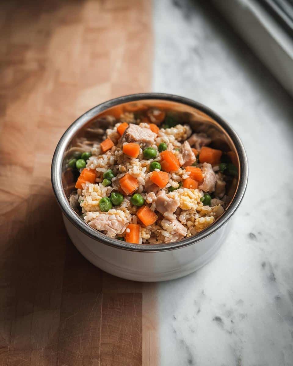 A stainless steel bowl filled with Fish and Vegetable Farmer’s Dog Food Recipe, featuring rice, carrots, peas, and meat chunks.
