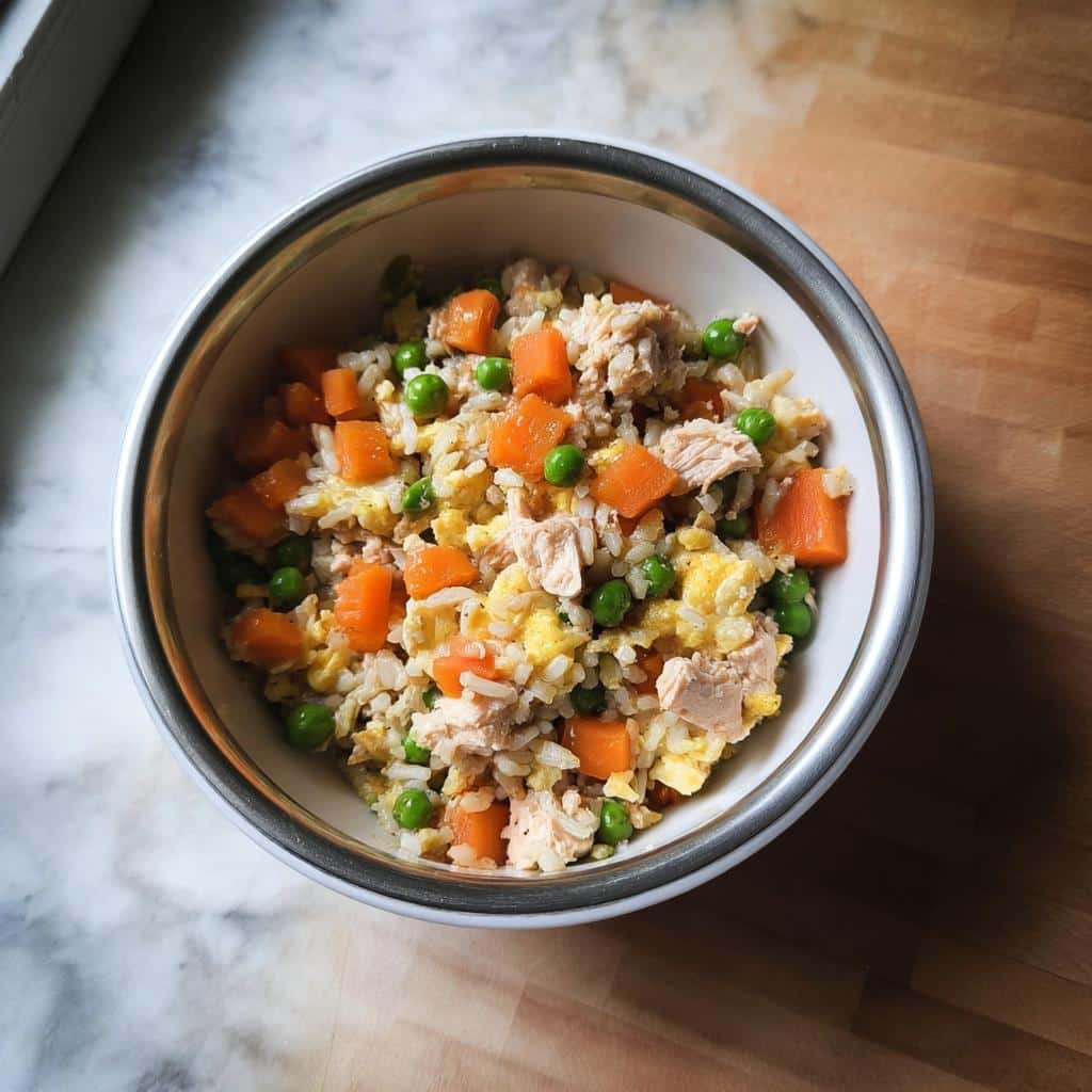 A metal bowl filled with homemade Fish and Vegetable Farmer’s Dog Food Recipe, featuring rice, flaked fish, carrots, and peas.