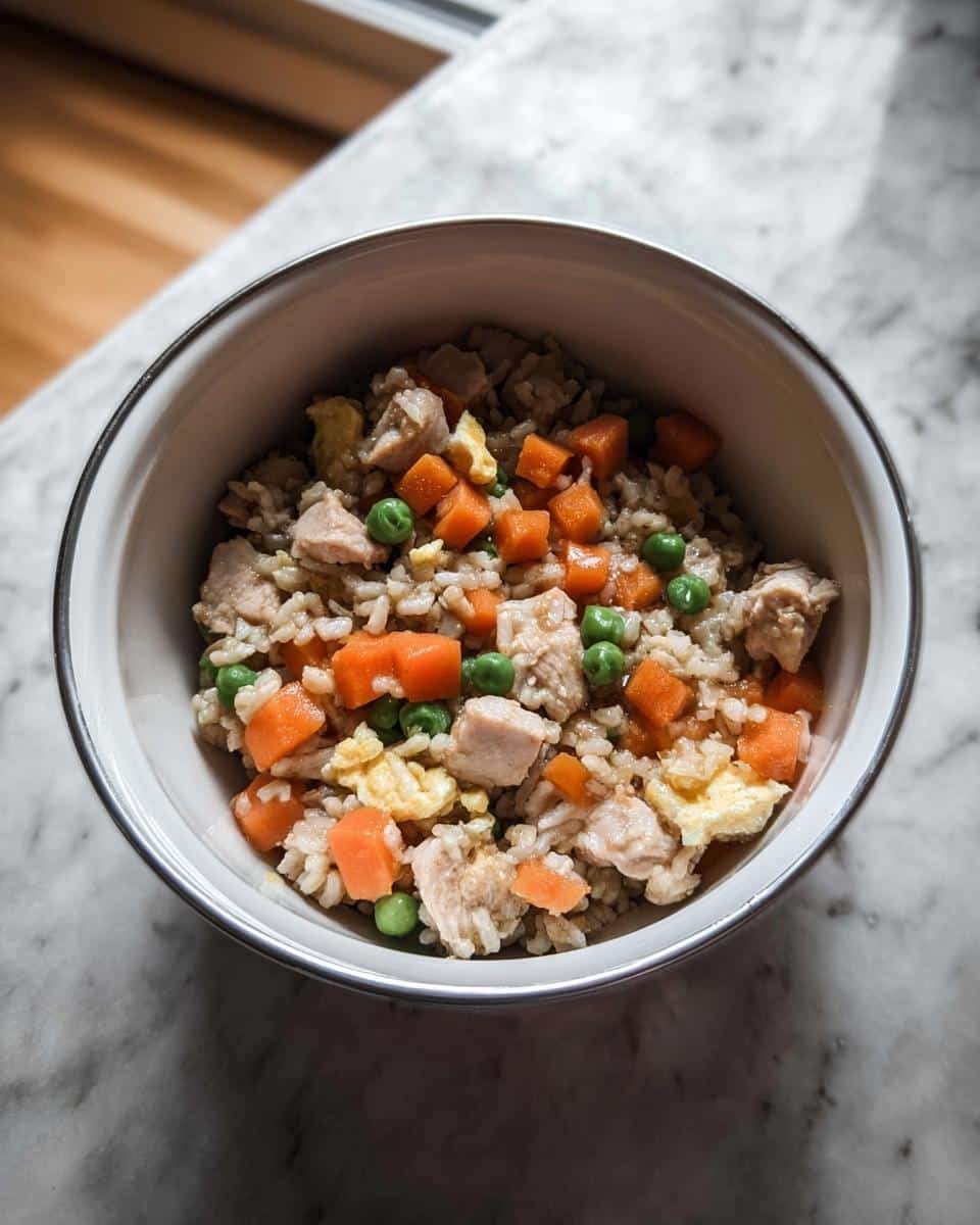 Overhead view of a bowl containing a portion of the Fish and Vegetable Farmer’s Dog Food Recipe with rice, chicken/fish chunks, carrots, and peas.