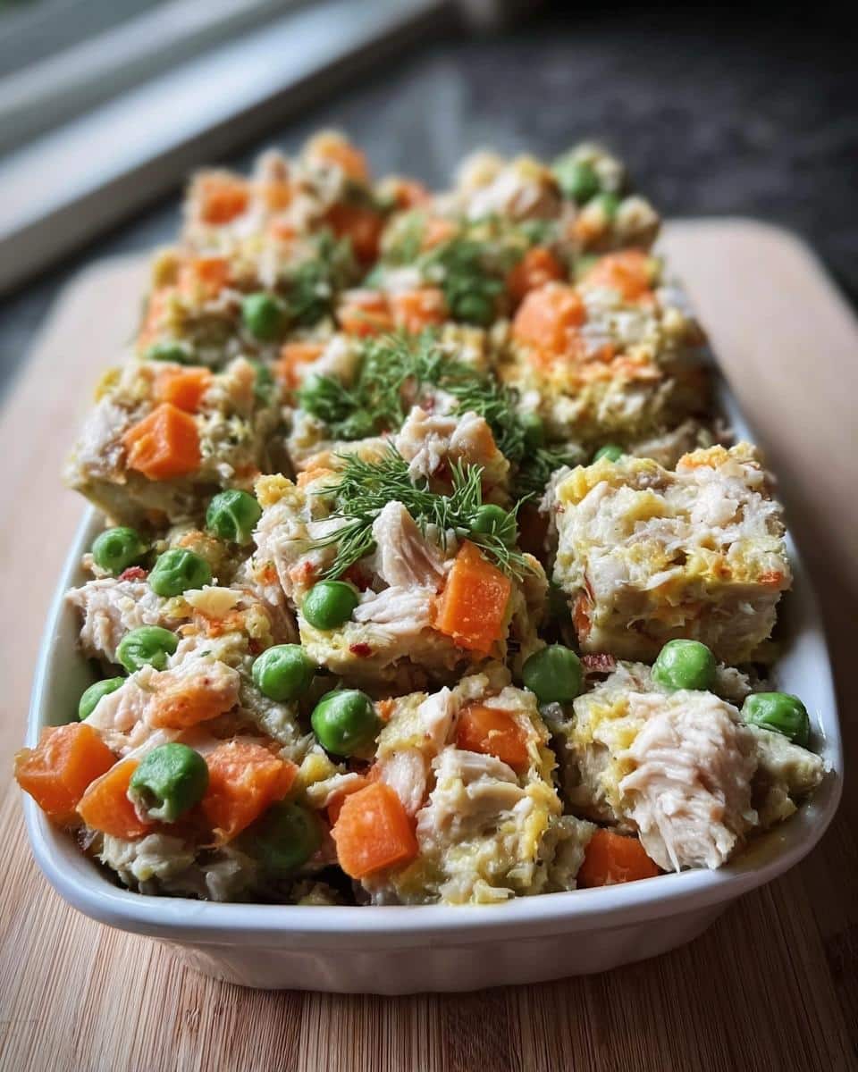 Portioned squares of homemade dog food featuring shredded chicken, bright orange carrots, and green peas, ready for storage.
