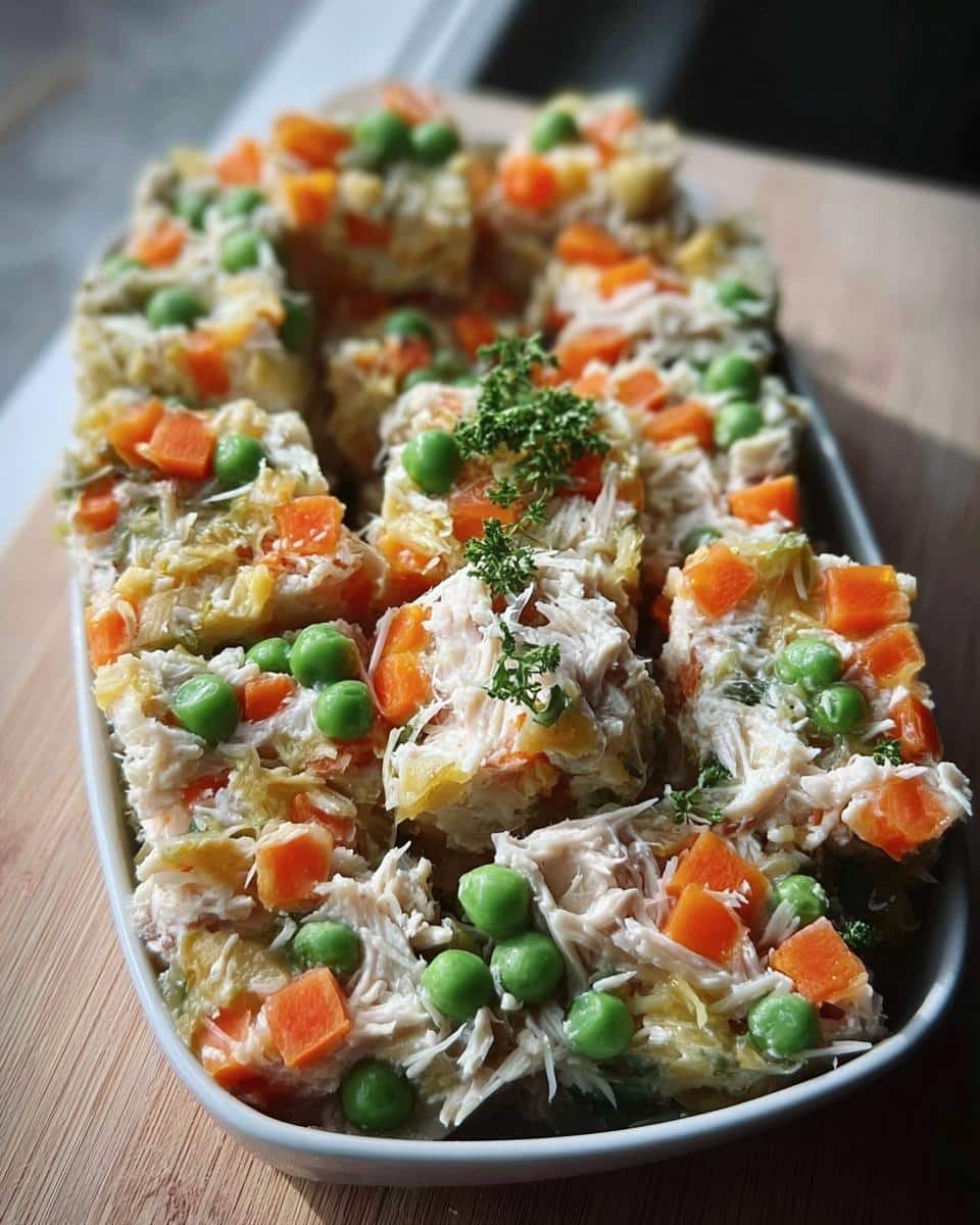 Portioned squares of homemade dog food featuring shredded chicken, peas, and carrots, ready for Freezer-Friendly Homemade Dog Food Recipes Crockpot.