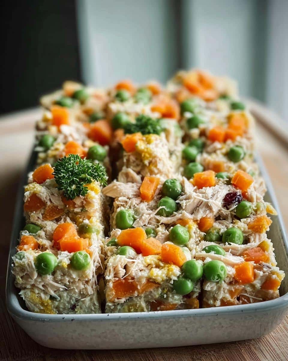 Portioned blocks of homemade dog food made with shredded chicken, peas, and carrots, ready for freezing.