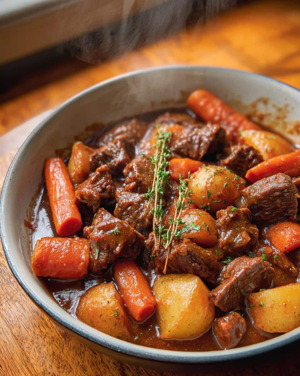 A close-up of a steaming bowl of rich Grain-Free Beef and Lamb Dog Casserole with chunks of meat, carrots, and potatoes.