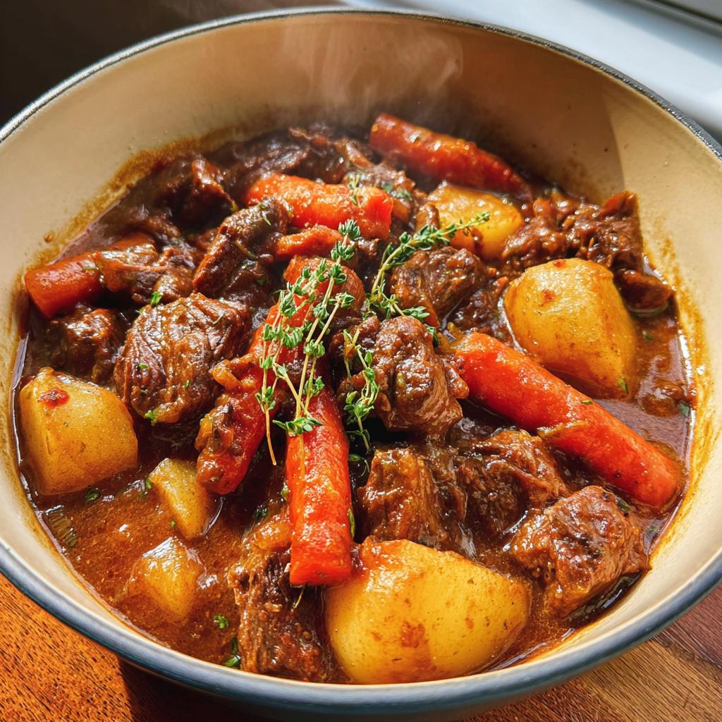 Close-up of a steaming bowl of rich Grain-Free Beef and Lamb Dog Casserole with chunks of meat, carrots, and potatoes.