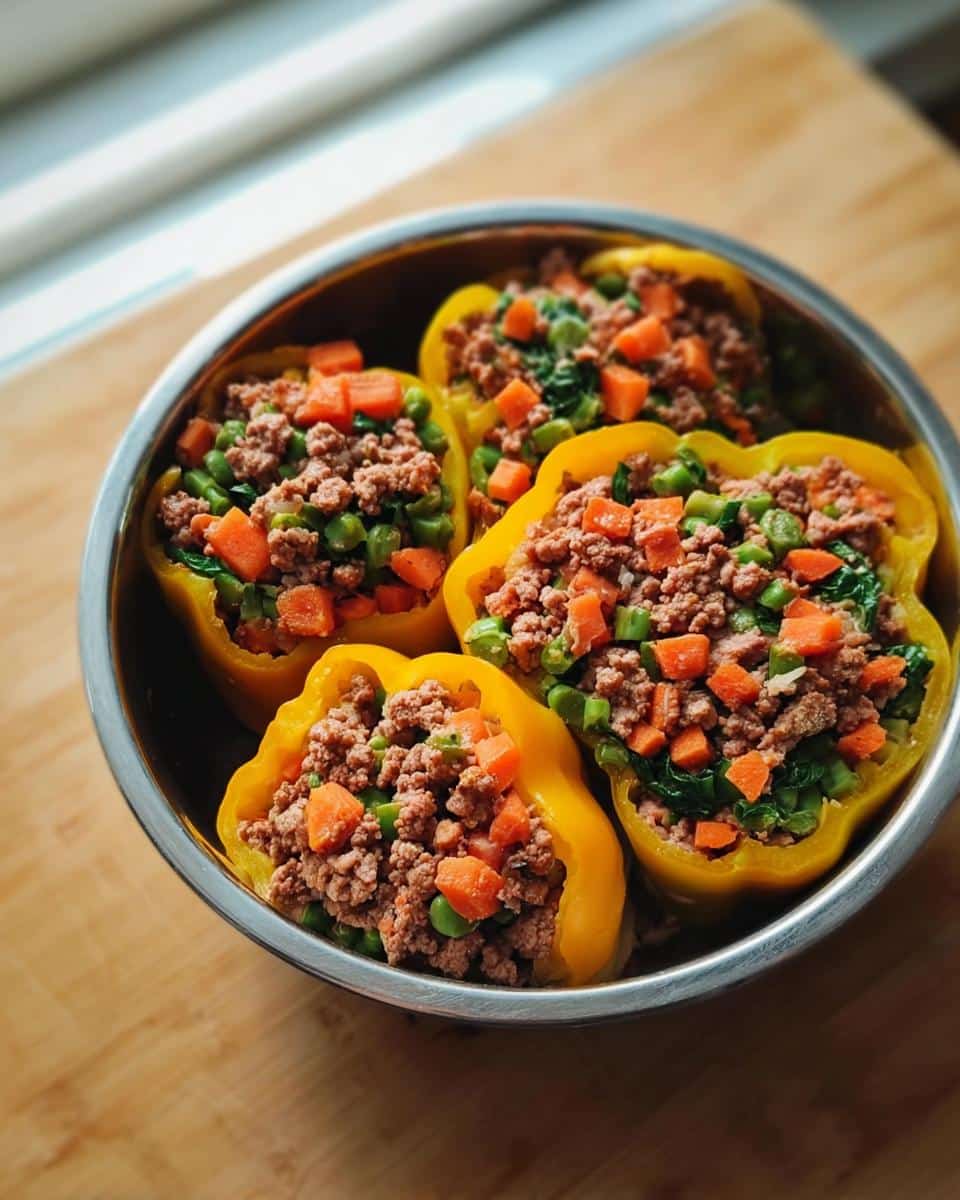 Four yellow bell peppers stuffed with a mix of ground beef, lamb, peas, and carrots, ready for cooking in a metal bowl.
