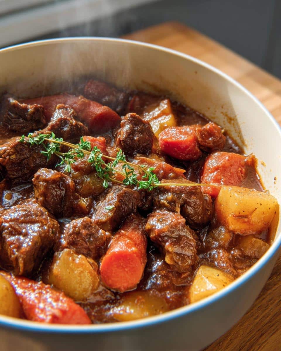 Close-up of steaming Grain-Free Beef and Lamb Dog Casserole with chunks of meat, carrots, and potatoes, garnished with thyme.