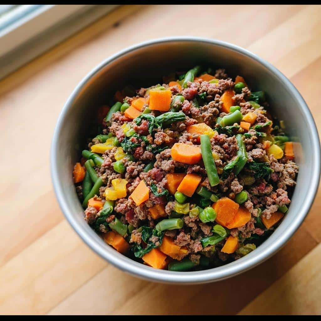 A stainless steel bowl filled with homemade Grain-Free Beef and Lamb Dog Food Recipe, mixed with carrots, green beans, and peas.
