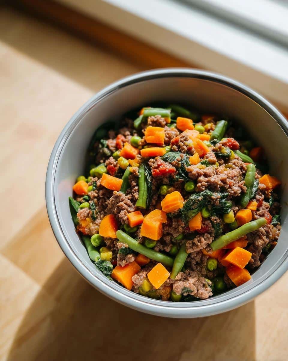 A bowl filled with homemade Grain-Free Beef and Lamb Dog Food Recipe mixture of ground meat, carrots, green beans, and peas.
