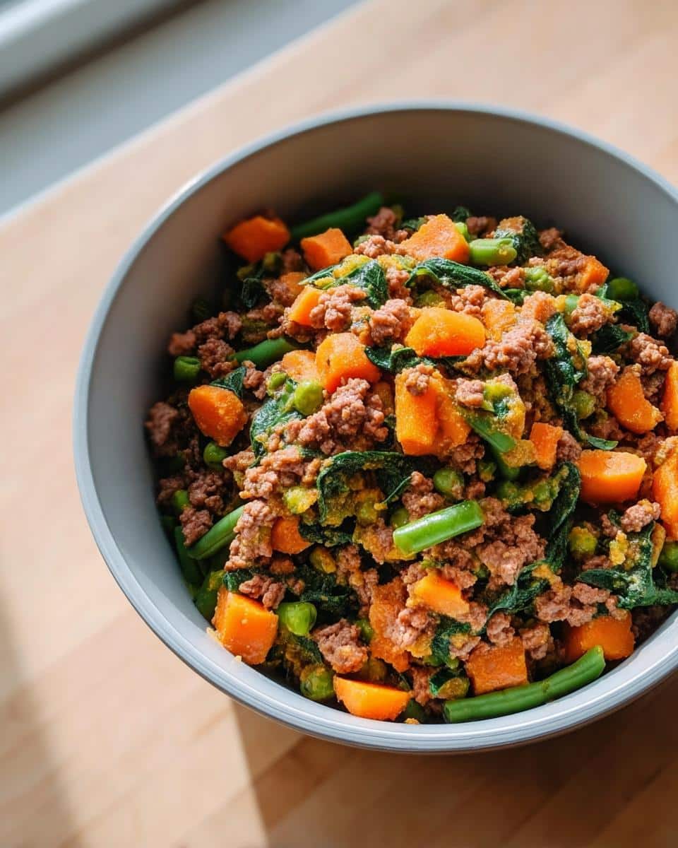 Close-up of a bowl containing Grain-Free Beef and Lamb Dog Food Recipe mix with ground meat, carrots, spinach, and green beans.