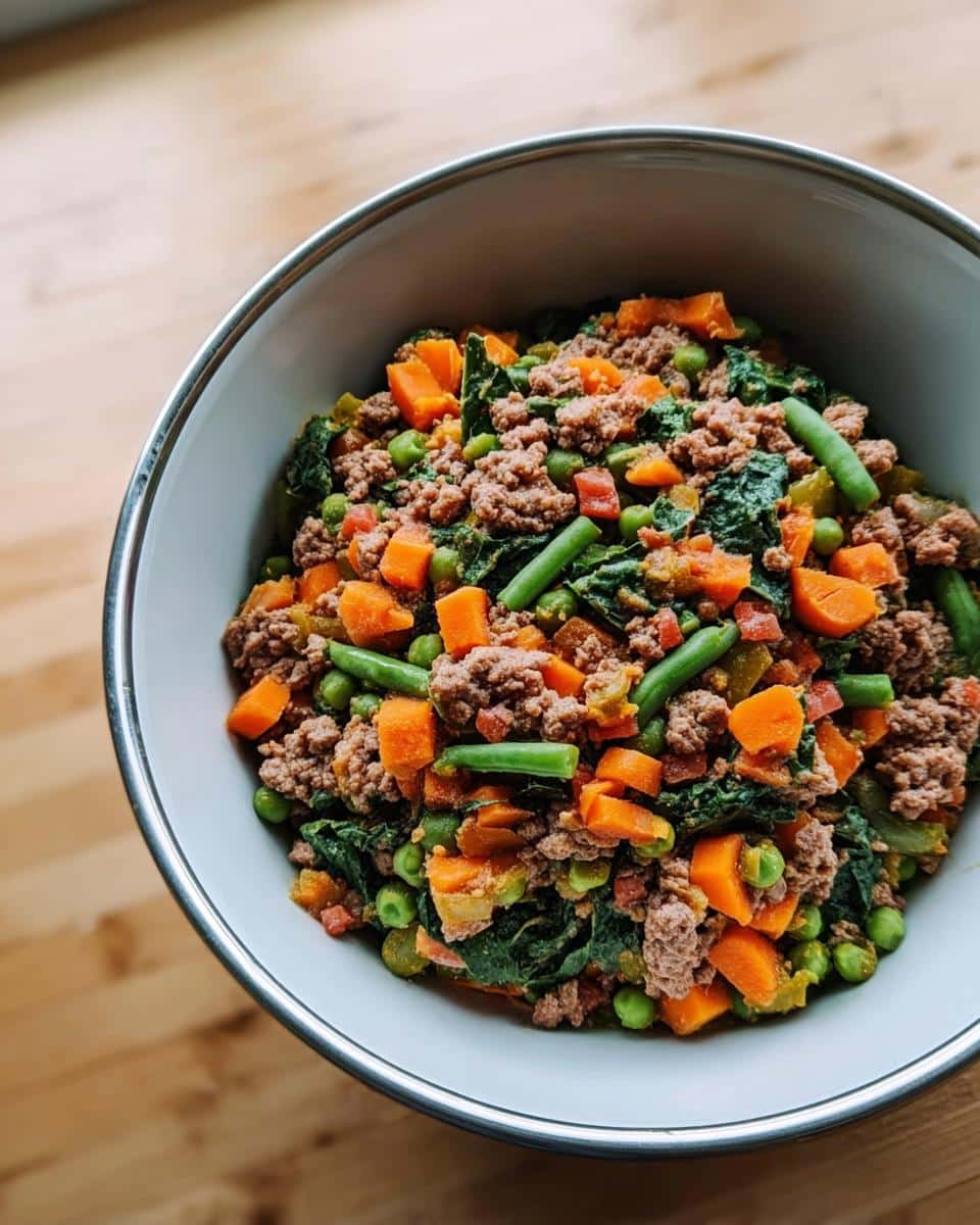 A bowl filled with homemade Grain-Free Beef and Lamb Dog Food Recipe, featuring ground meat, carrots, green beans, and peas.