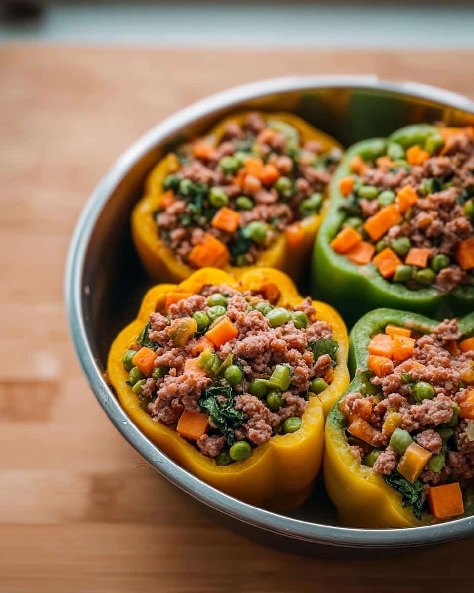Four stuffed bell peppers (yellow and green) filled with a mixture of ground meat, carrots, and peas, ready for baking.
