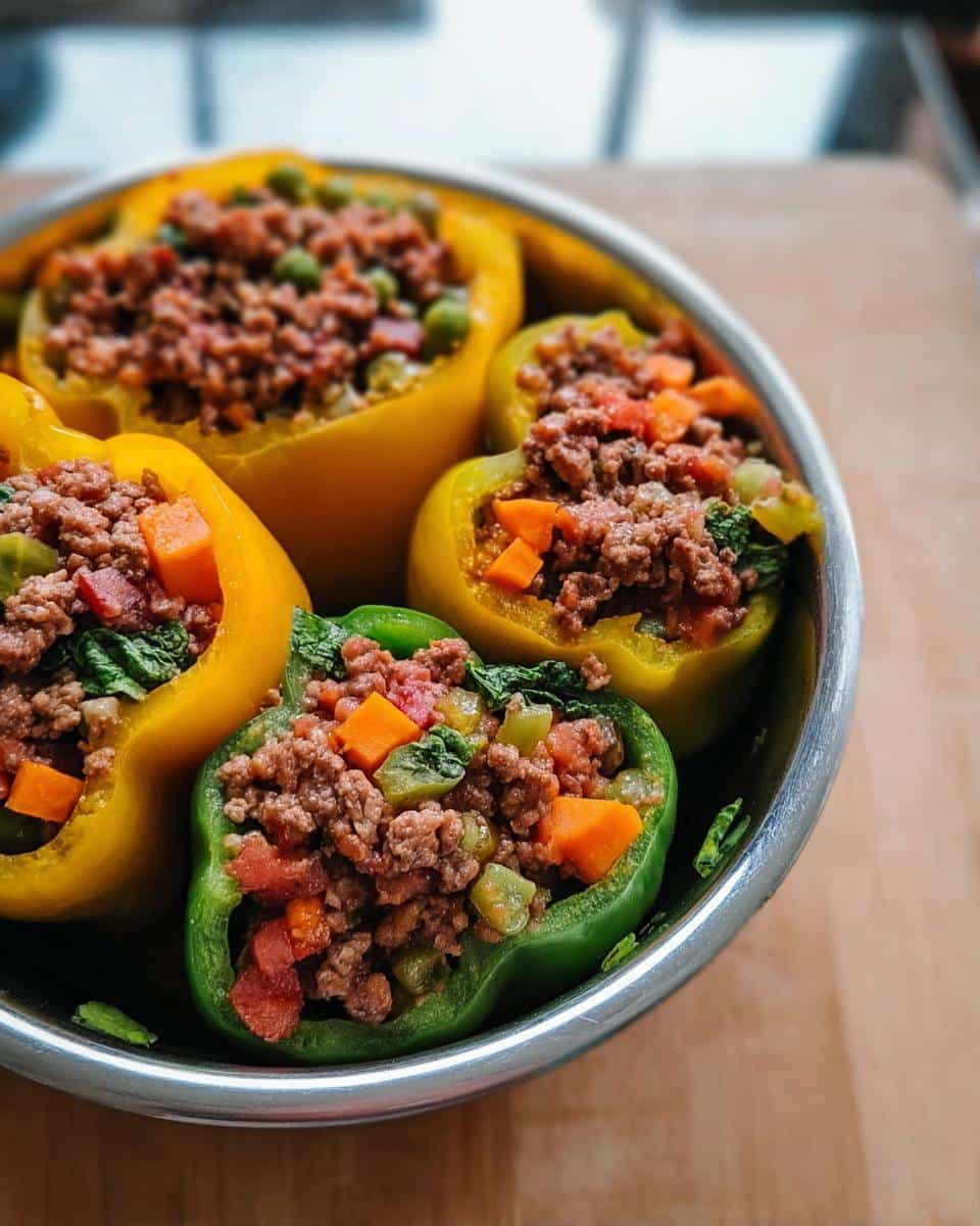 Close-up of colorful bell peppers stuffed with a savory mix of ground meat and vegetables for Grain-Free Beef and Lamb Stuffed Peppers for Dogs.
