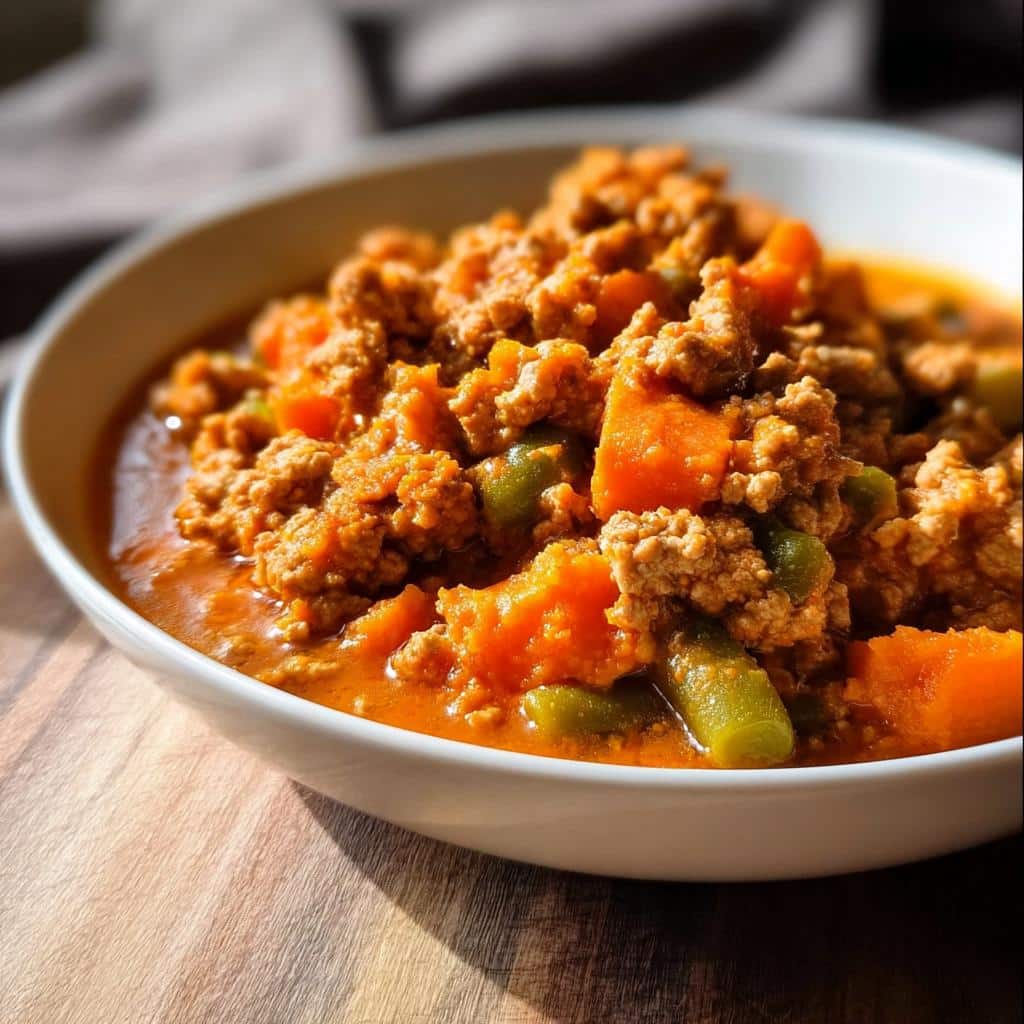 Close-up of grain-free dog food in a white bowl, featuring ground meat, sweet potato chunks, and green beans.