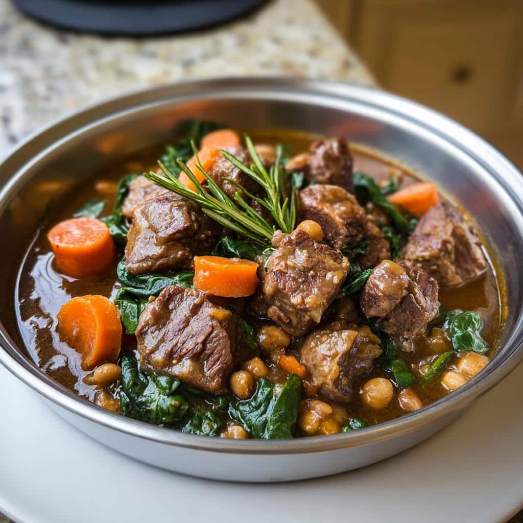 Close-up of Grain-Free Lamb Stew for Dogs with chunks of lamb, carrots, spinach, and rosemary.