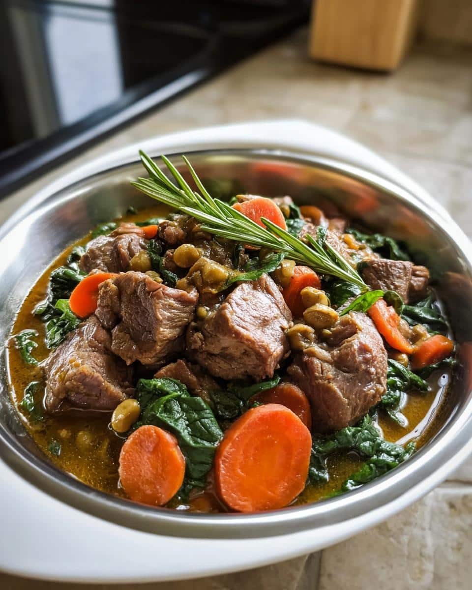 Close-up of Grain-Free Lamb Stew for Dogs featuring chunks of lamb, carrots, spinach, and a rosemary garnish in a metal bowl.