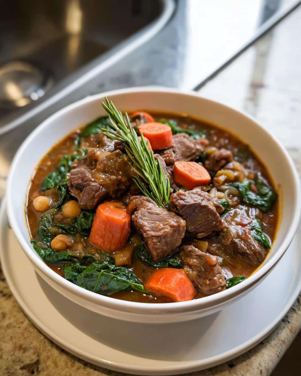 A white bowl filled with rich Grain-Free Lamb Stew for Dogs, featuring chunks of lamb, carrots, and spinach, garnished with rosemary.